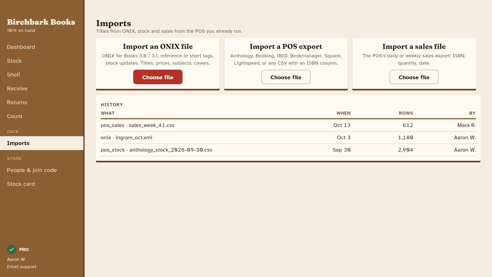 Importing ONIX files and POS CSV exports into Bookstore Counter
