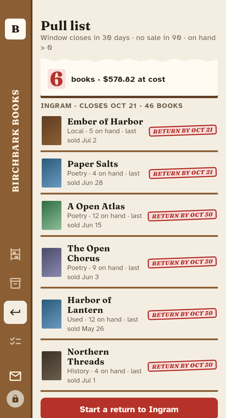 The returns pull list in the Bookstore Counter app, grouped by publisher with the return-by date for each book