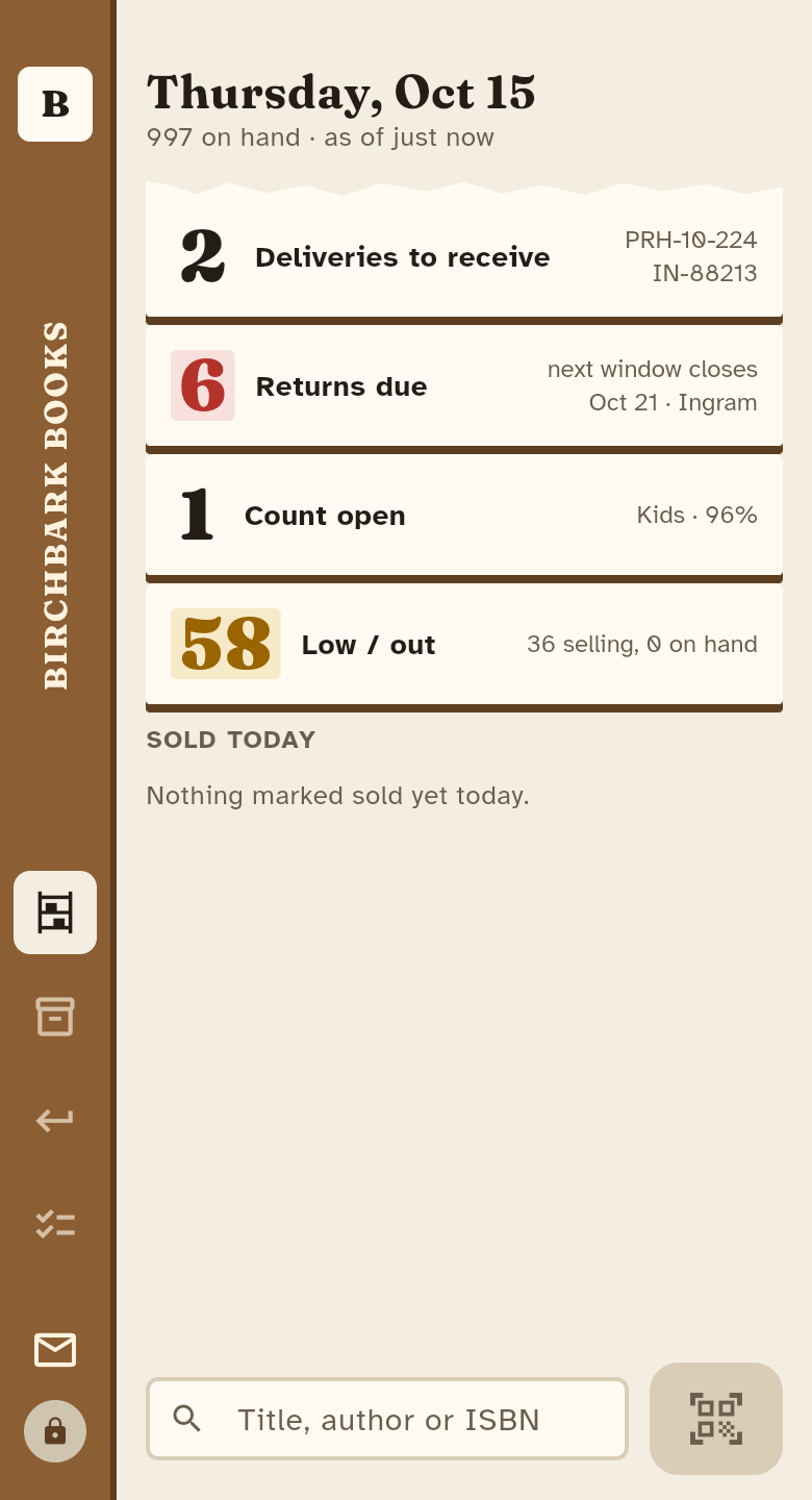 The shelf screen of the Bookstore Counter inventory app: deliveries to receive, returns due, counts open and books low or out